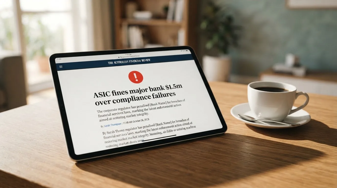 A tablet screen displaying an official regulator warning notice on a desk beside a coffee cup.