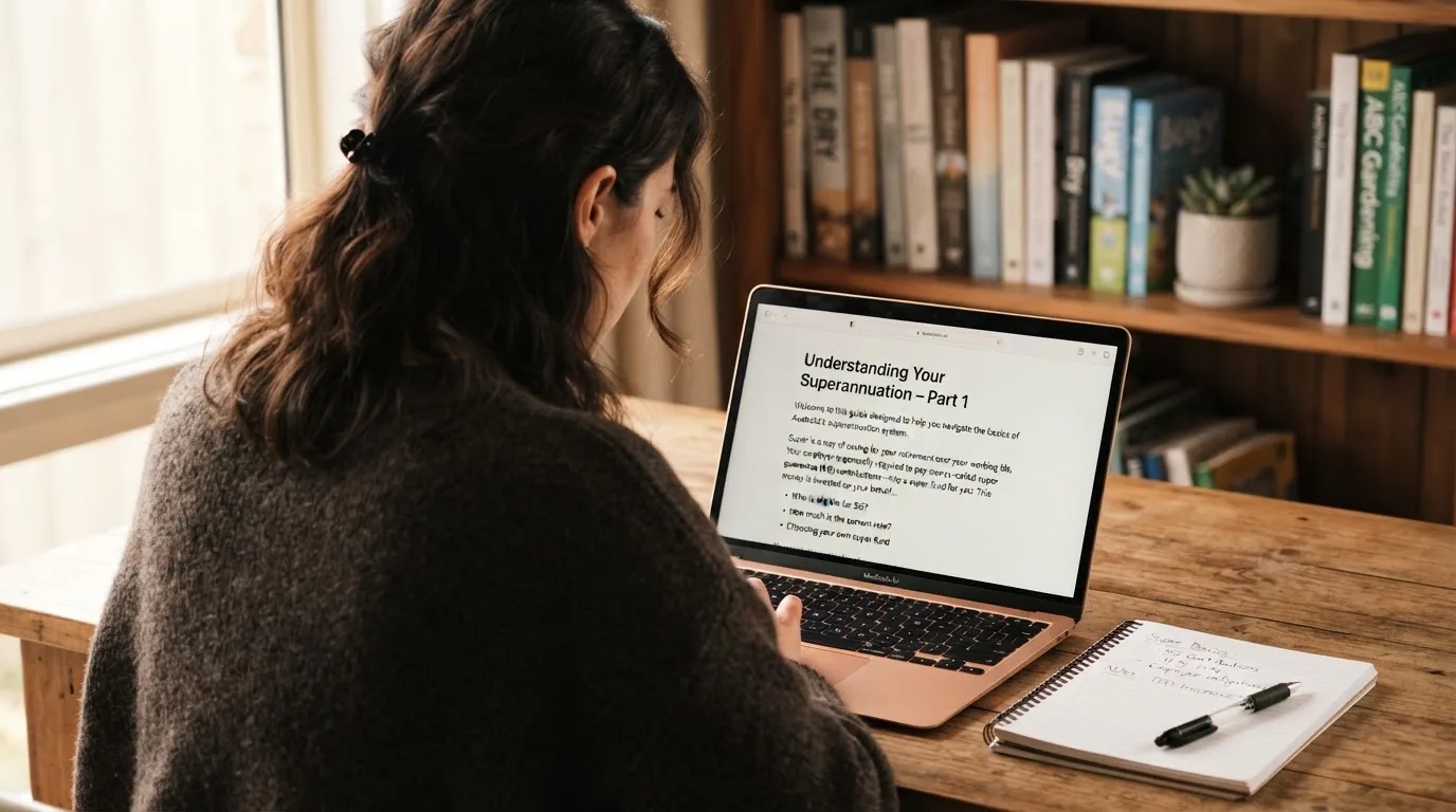 A person at a laptop reading a plain-language explainer article at a home desk.