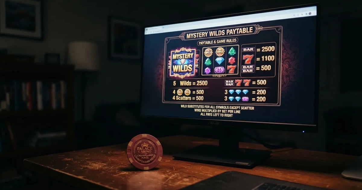 A slot machine's paytable screen glowing on a monitor in a dim room.