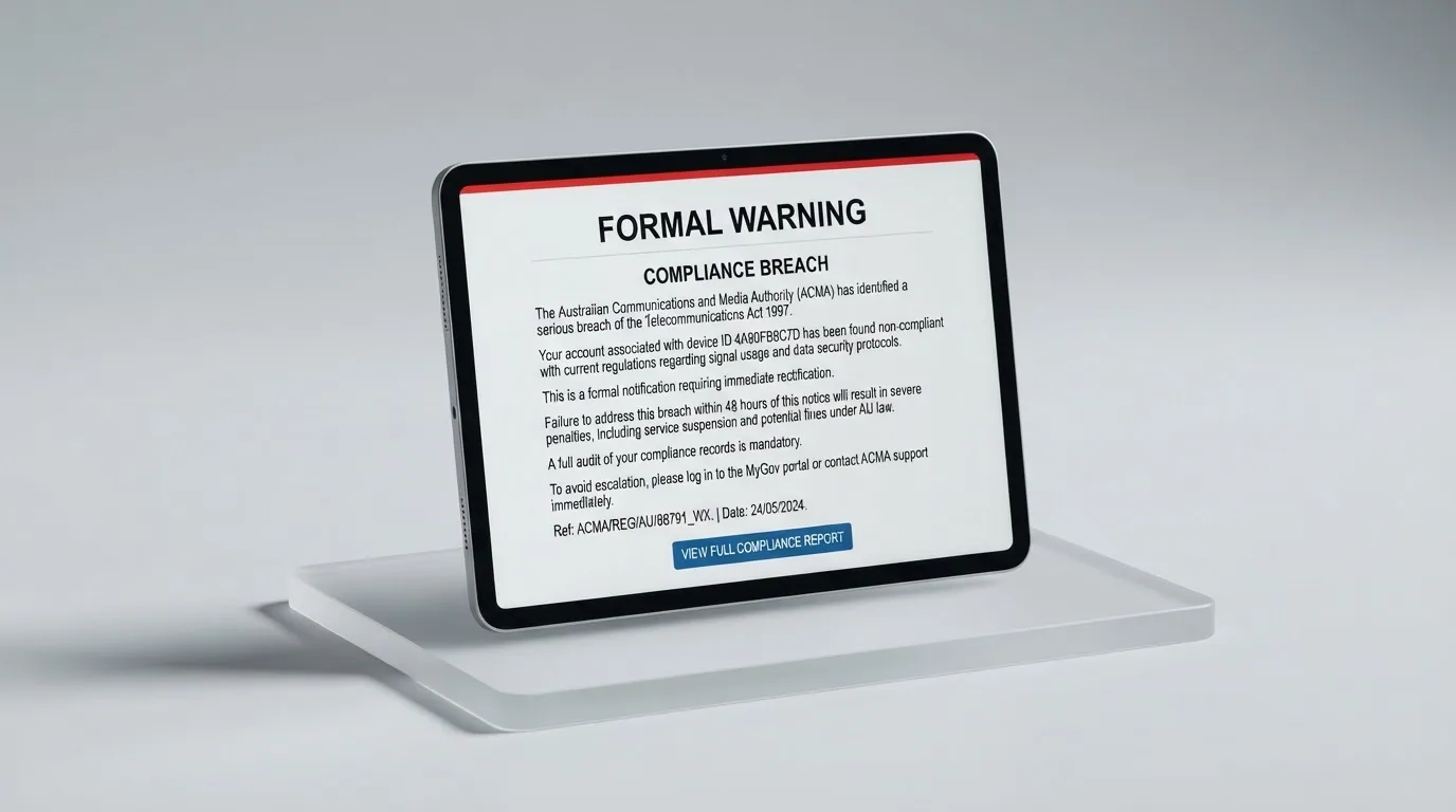 A tablet screen displaying an official regulator warning notice on a desk beside a coffee cup.