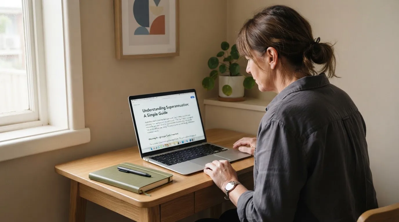 A person at a laptop reading a plain-language explainer article at a home desk.