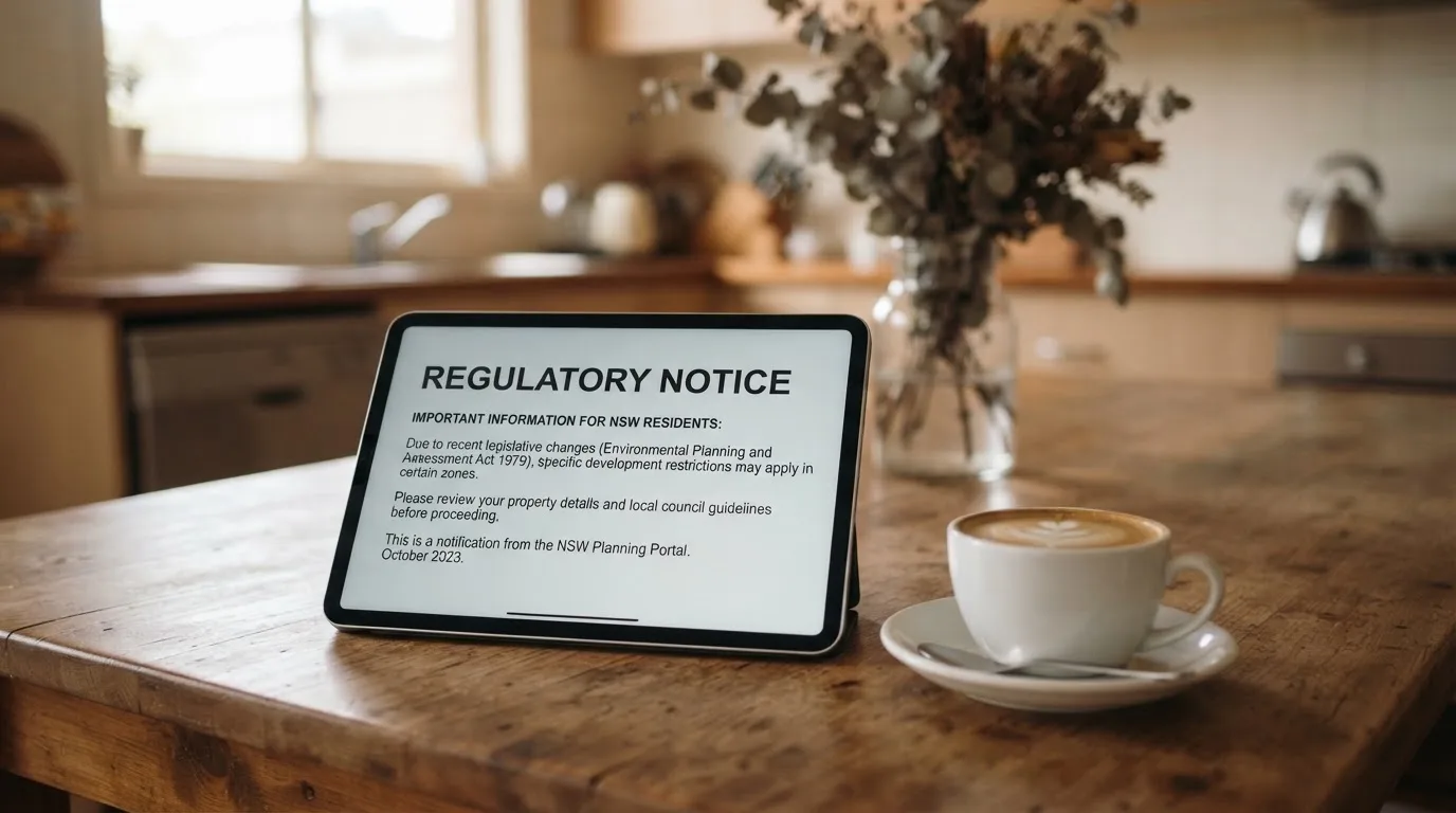 A tablet screen displaying an official regulator warning notice on a desk beside a coffee cup.