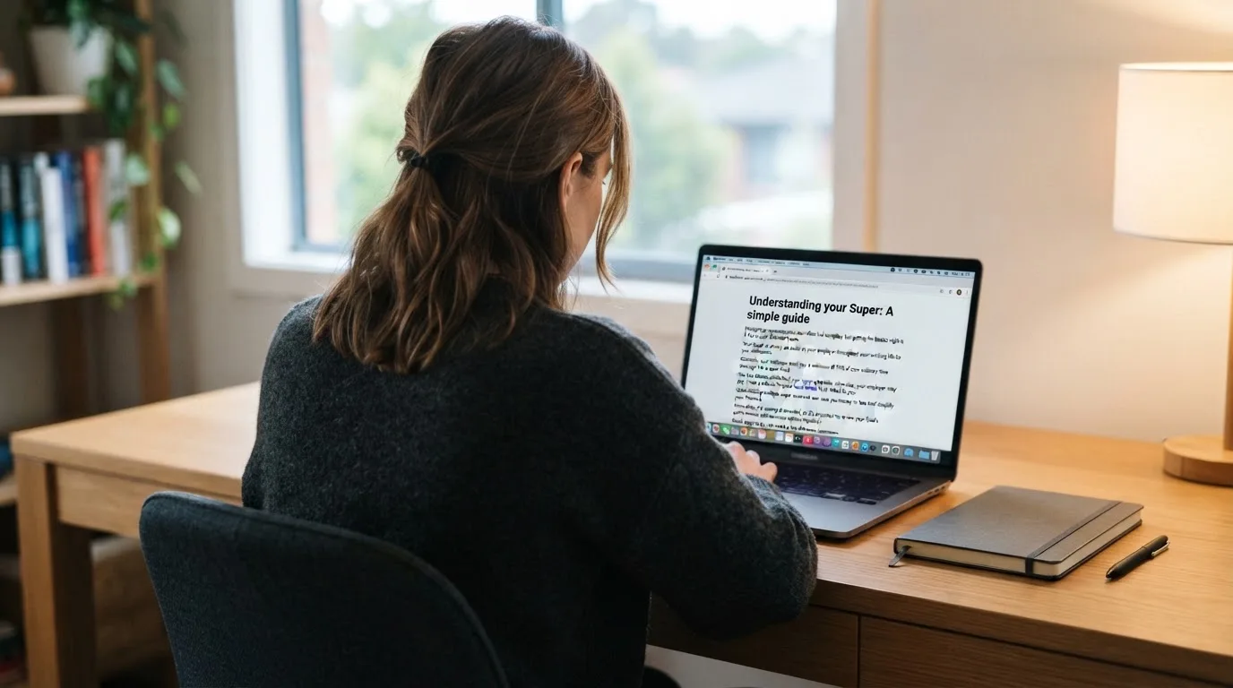 A person at a laptop reading a plain-language explainer article at a home desk.