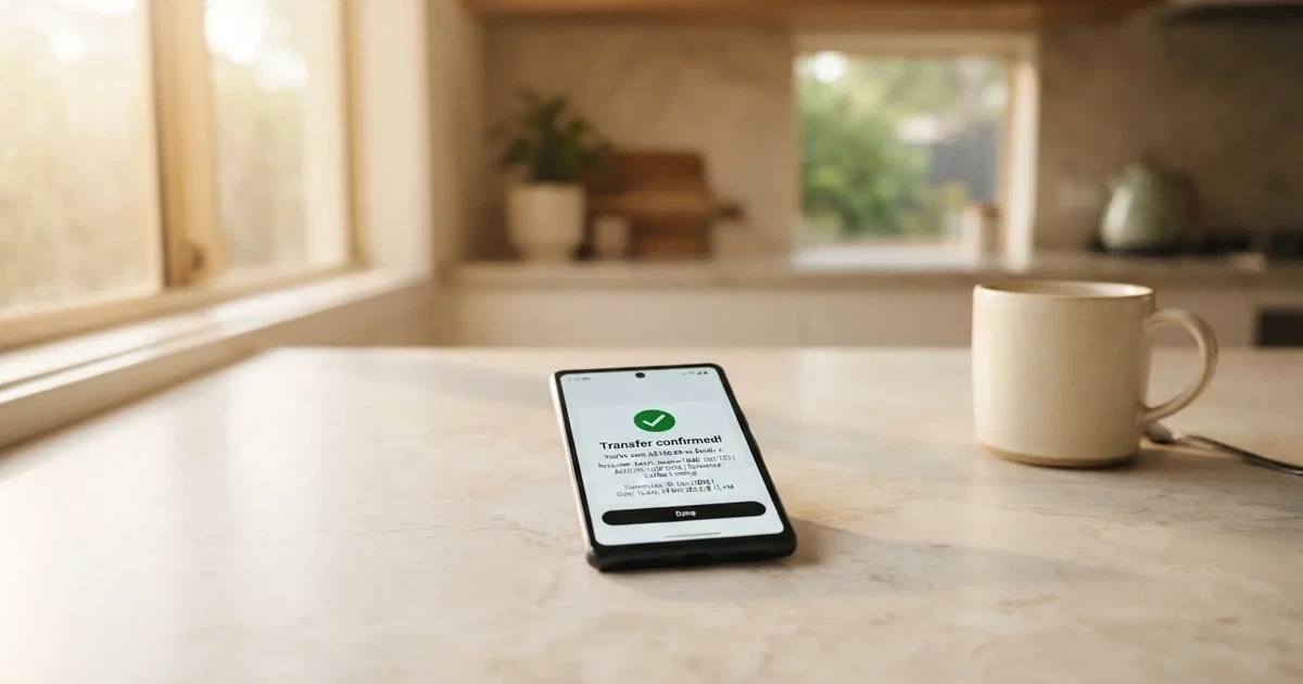 A close-up of a banking app on a smartphone showing a same-day transfer confirmation on a kitchen table.