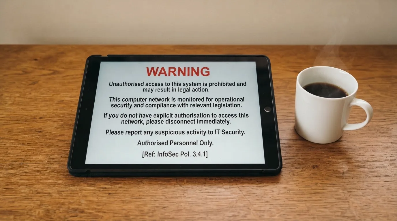 A tablet screen displaying an official regulator warning notice on a desk beside a coffee cup.