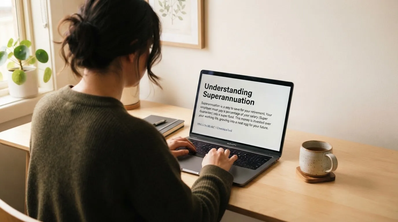 A person at a laptop reading a plain-language explainer article at a home desk.