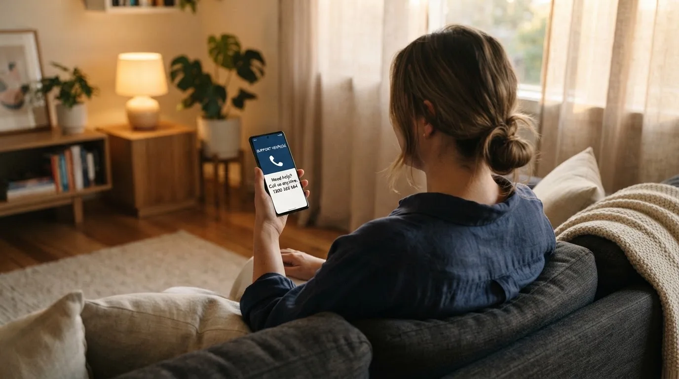 A person looking at a support helpline page on a phone while sitting on a couch.