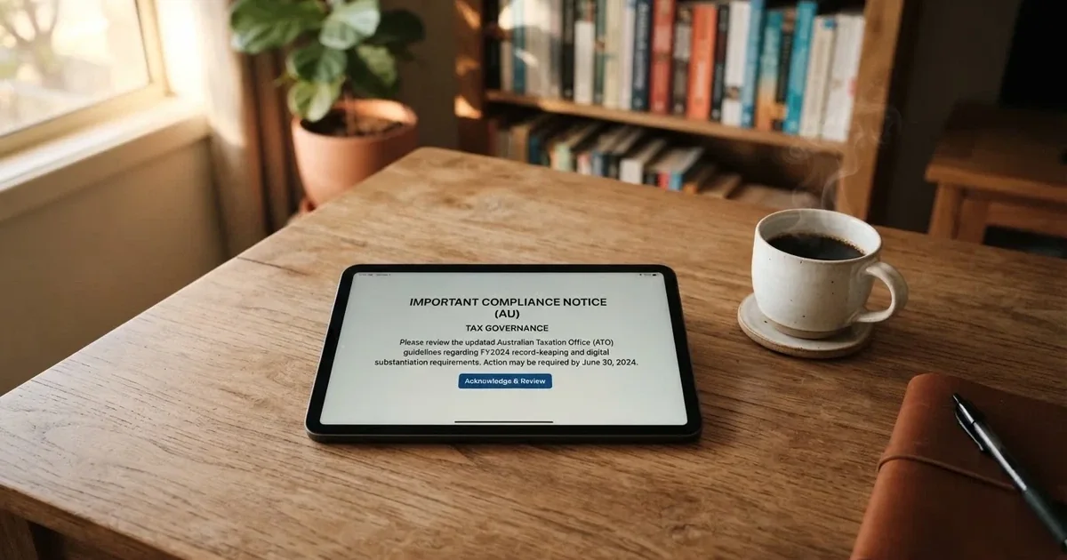 A tablet screen displaying an official regulator warning notice on a desk beside a coffee cup.