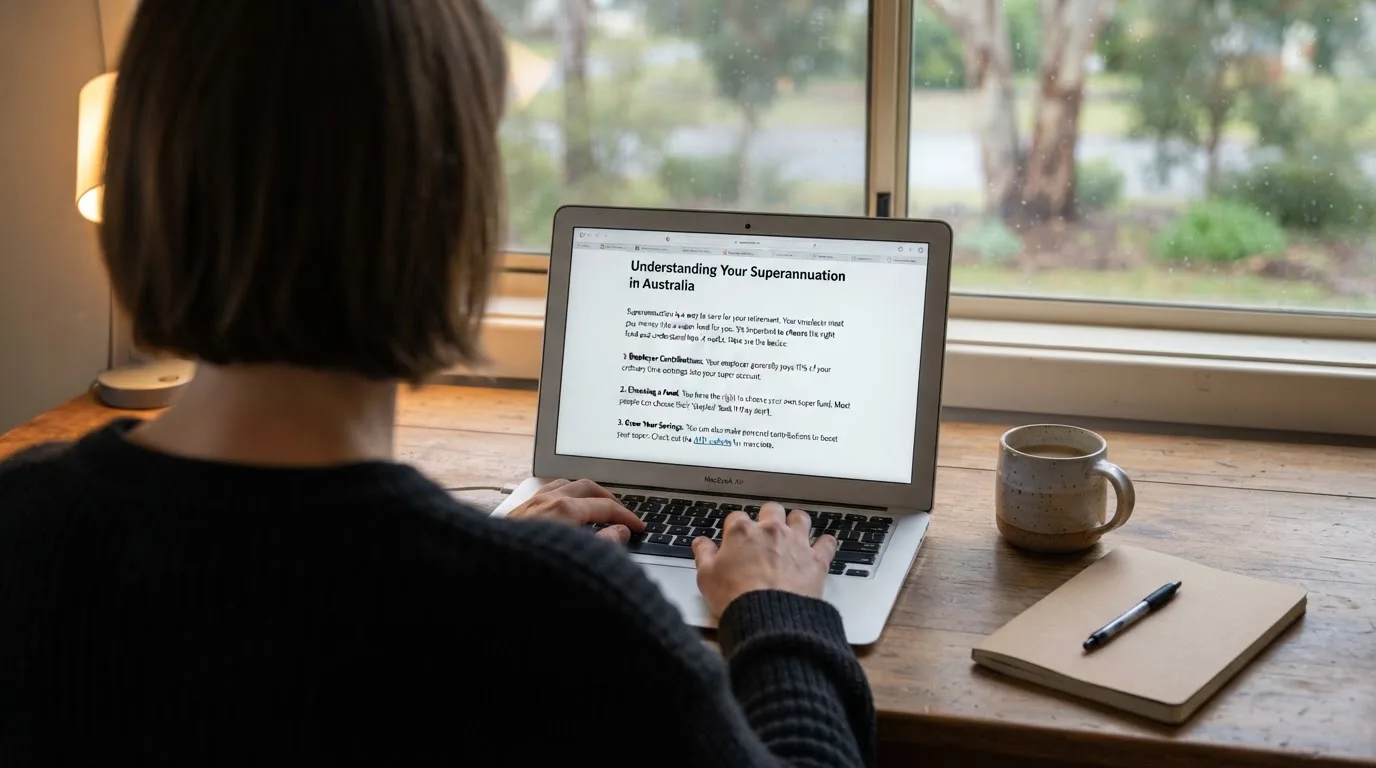 A person at a laptop reading a plain-language explainer article at a home desk.