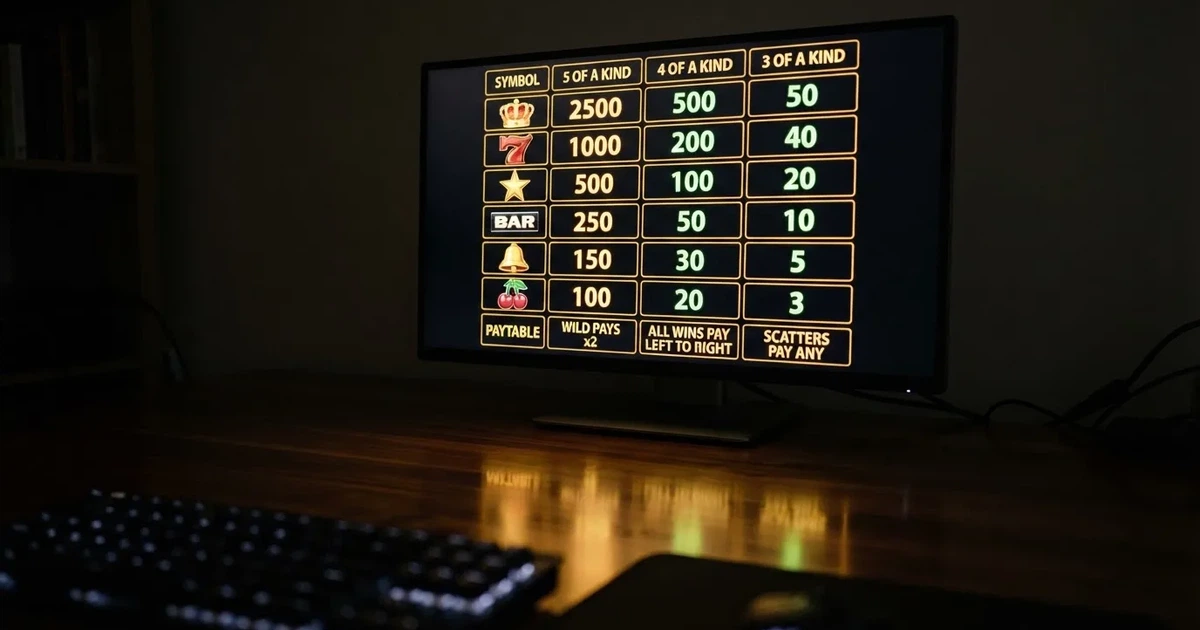 A slot machine's paytable screen glowing on a monitor in a dim room.