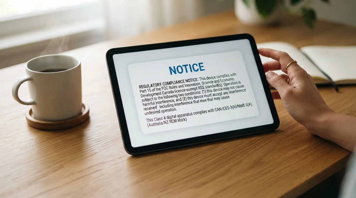 A tablet screen displaying an official regulator warning notice on a desk beside a coffee cup.