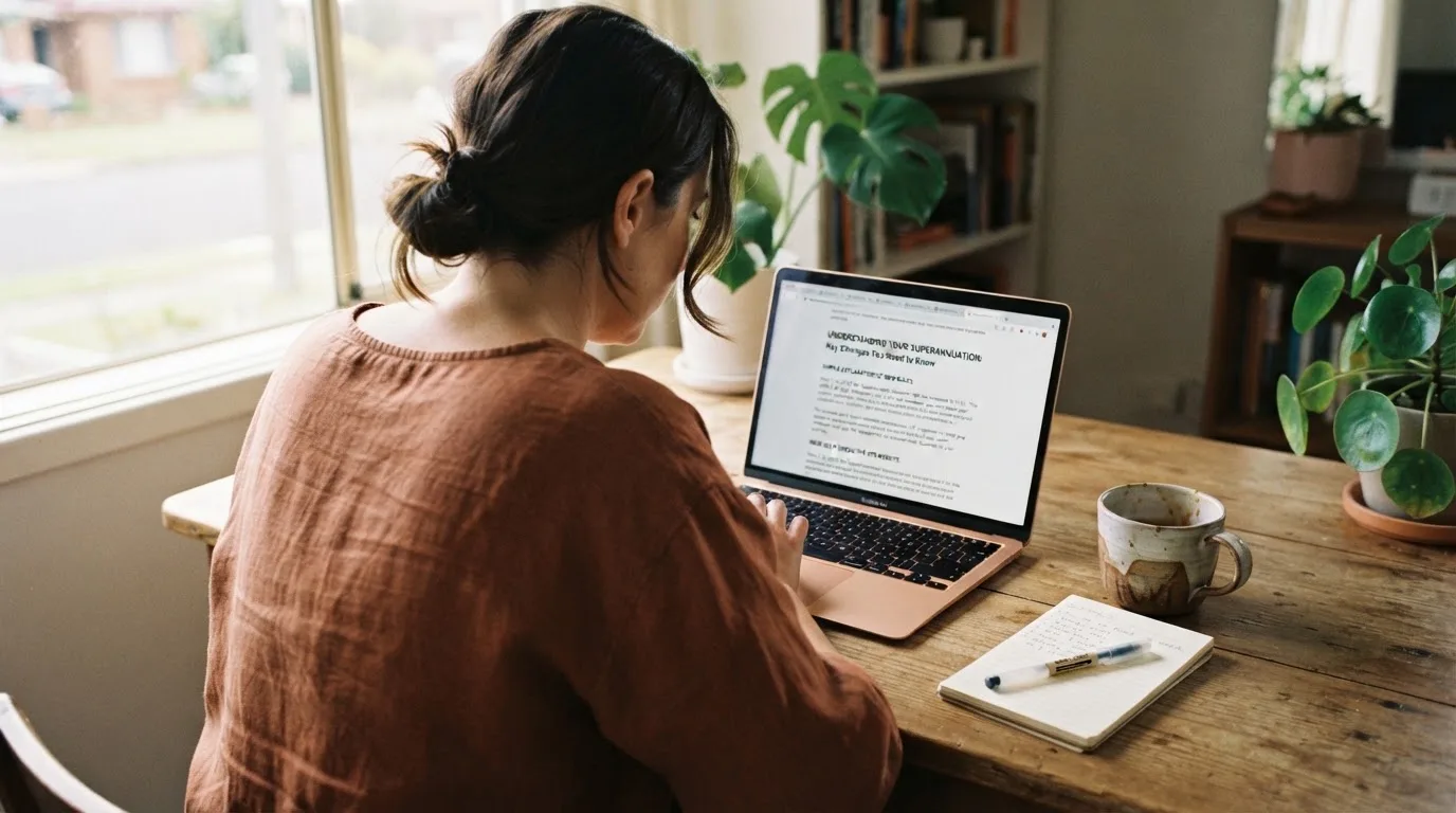 A person at a laptop reading a plain-language explainer article at a home desk.
