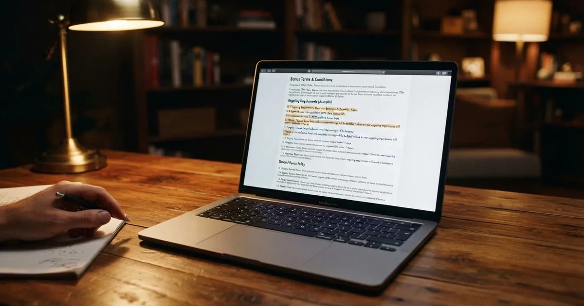 A laptop screen showing a terms-and-conditions page with wagering requirements highlighted.