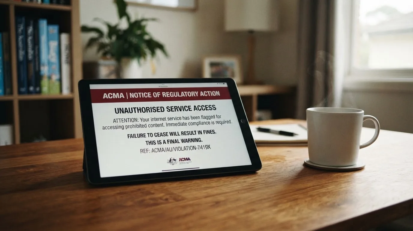 A tablet screen displaying an official regulator warning notice on a desk beside a coffee cup.