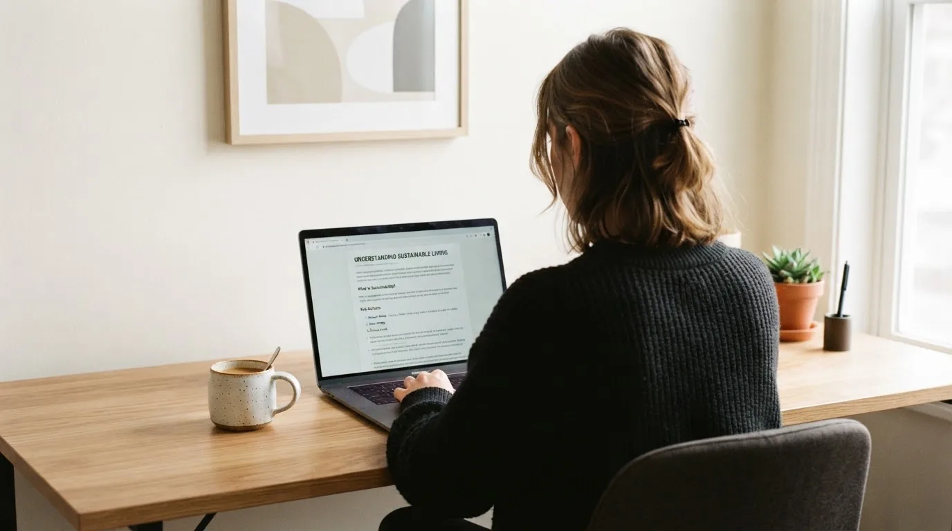 A person at a laptop reading a plain-language explainer article at a home desk.