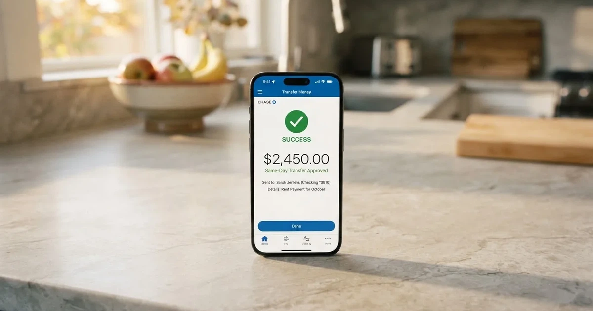 A close-up of a banking app on a smartphone showing a same-day transfer confirmation on a kitchen table.
