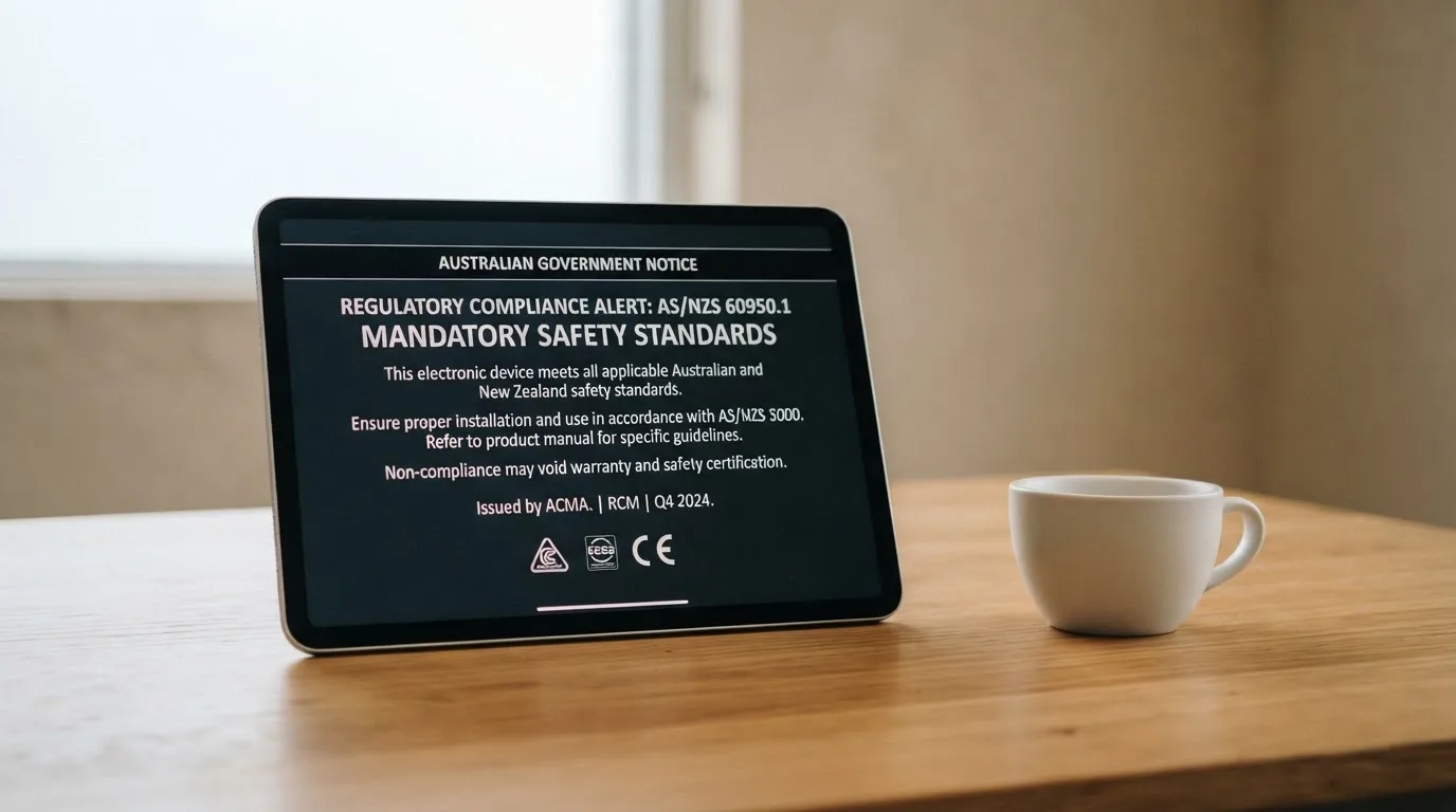 A tablet screen displaying an official regulator warning notice on a desk beside a coffee cup.