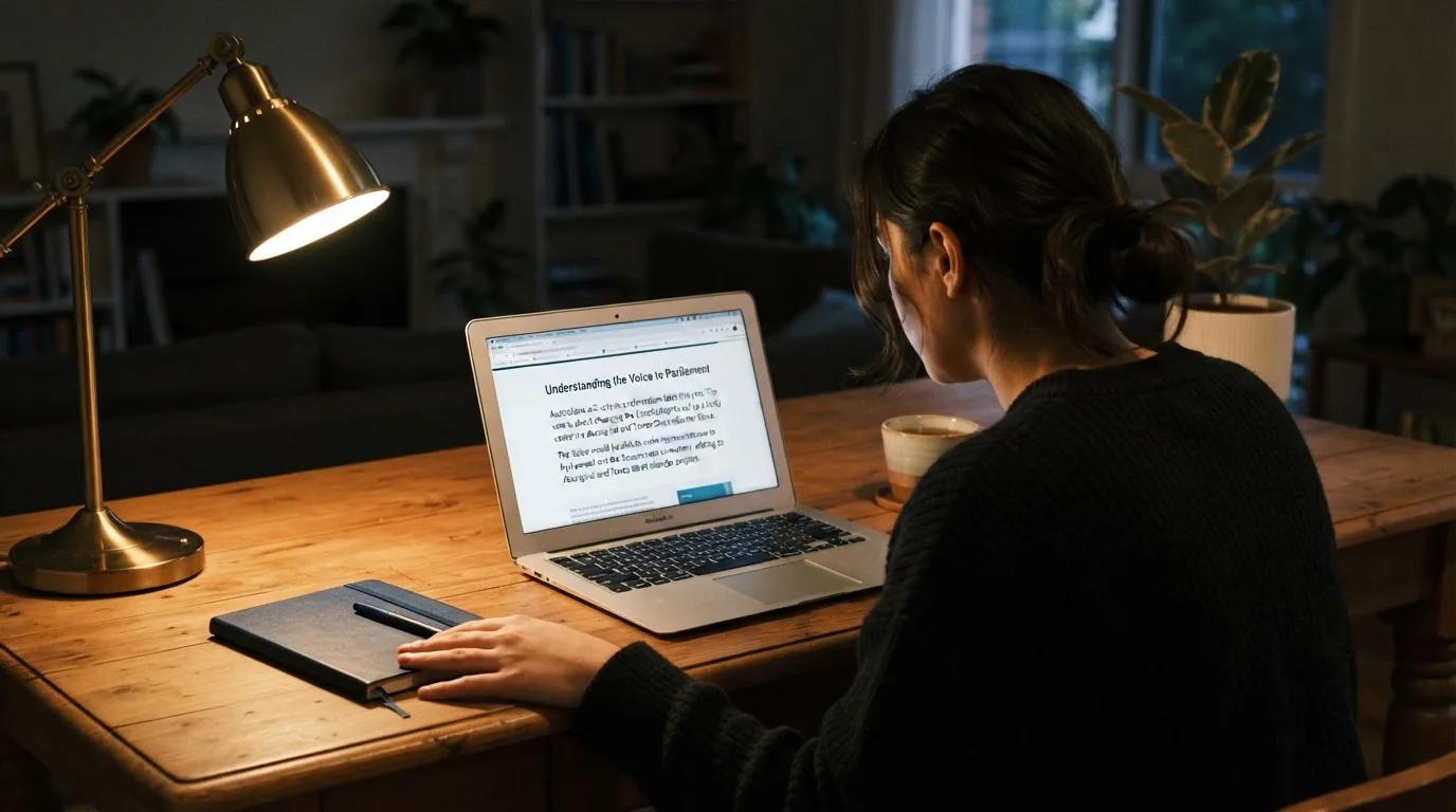 A person at a laptop reading a plain-language explainer article at a home desk.
