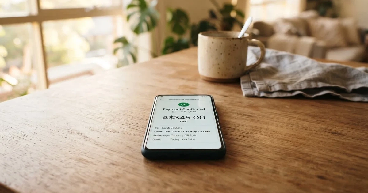 A close-up of a banking app on a smartphone showing a same-day transfer confirmation on a kitchen table.
