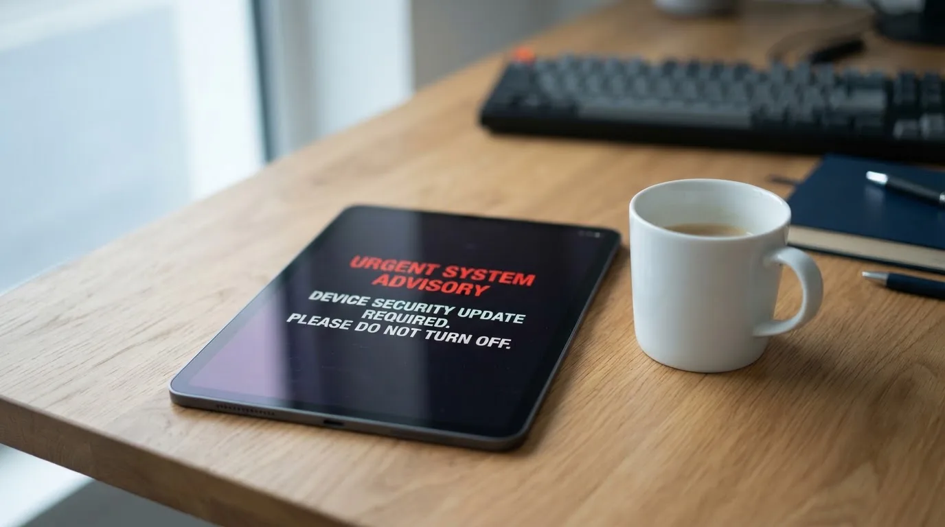 A tablet screen displaying an official regulator warning notice on a desk beside a coffee cup.
