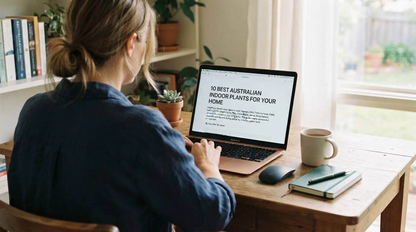 A person at a laptop reading a plain-language explainer article at a home desk.