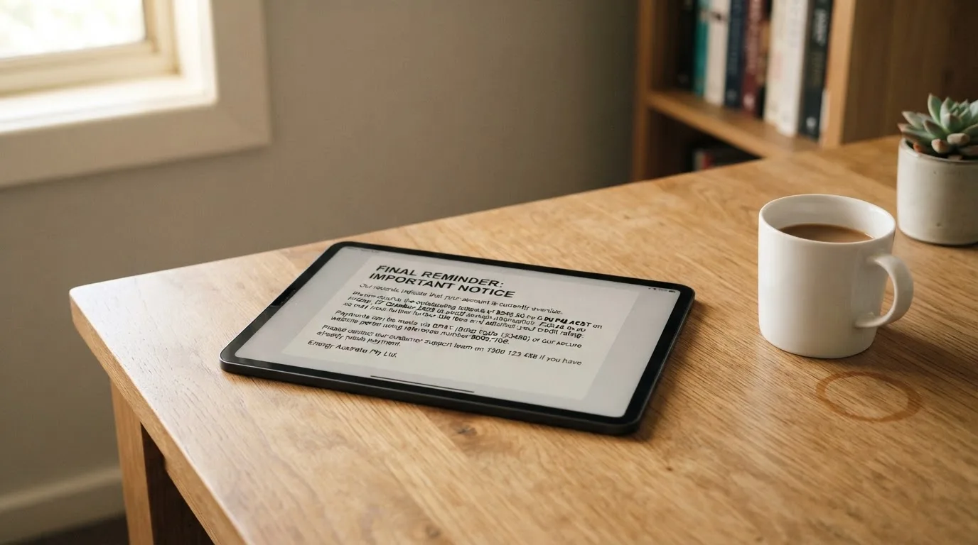 A tablet screen displaying an official regulator warning notice on a desk beside a coffee cup.