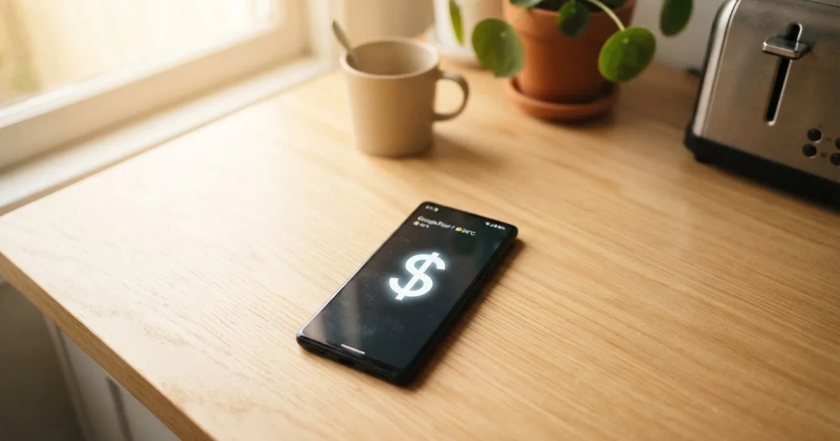 A close-up of a banking app on a smartphone showing a same-day transfer confirmation on a kitchen table.