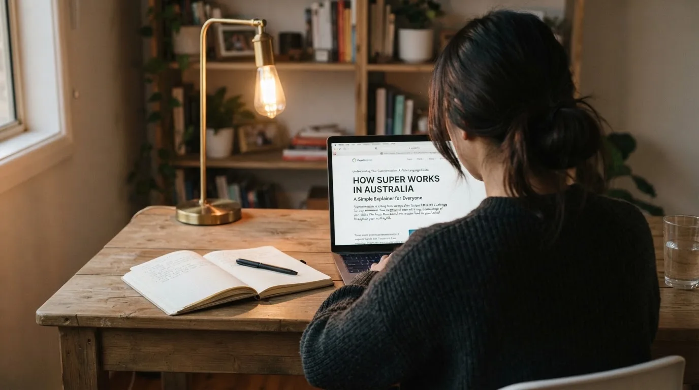 A person at a laptop reading a plain-language explainer article at a home desk.