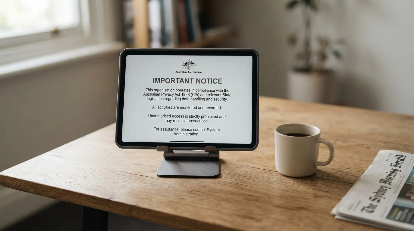 A tablet screen displaying an official regulator warning notice on a desk beside a coffee cup.
