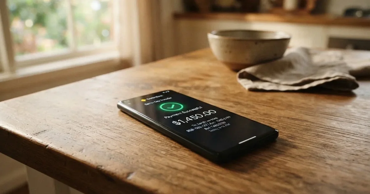 A close-up of a banking app on a smartphone showing a same-day transfer confirmation on a kitchen table.
