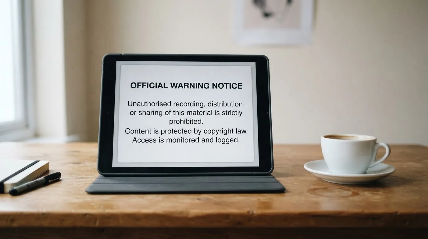 A tablet screen displaying an official regulator warning notice on a desk beside a coffee cup.