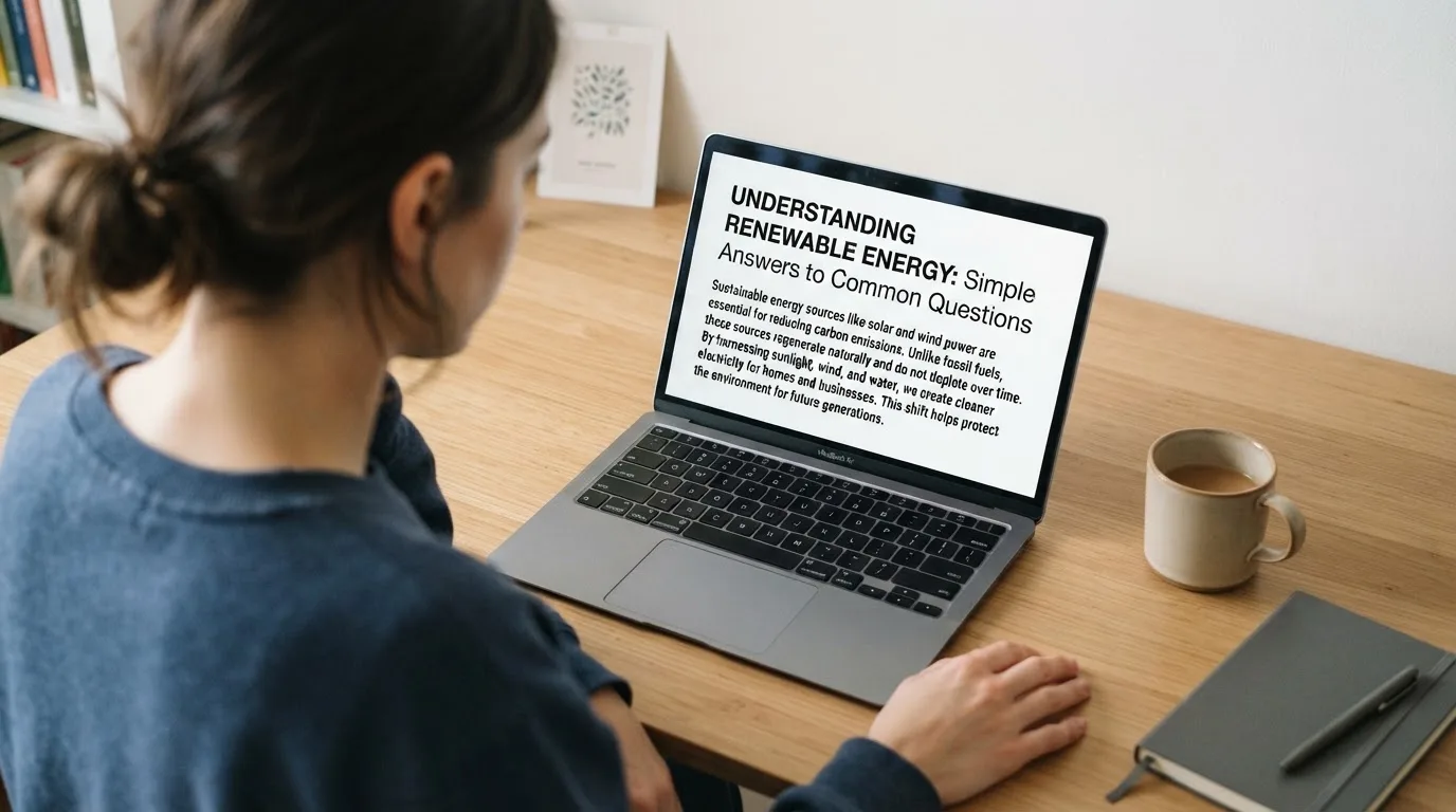 A person at a laptop reading a plain-language explainer article at a home desk.