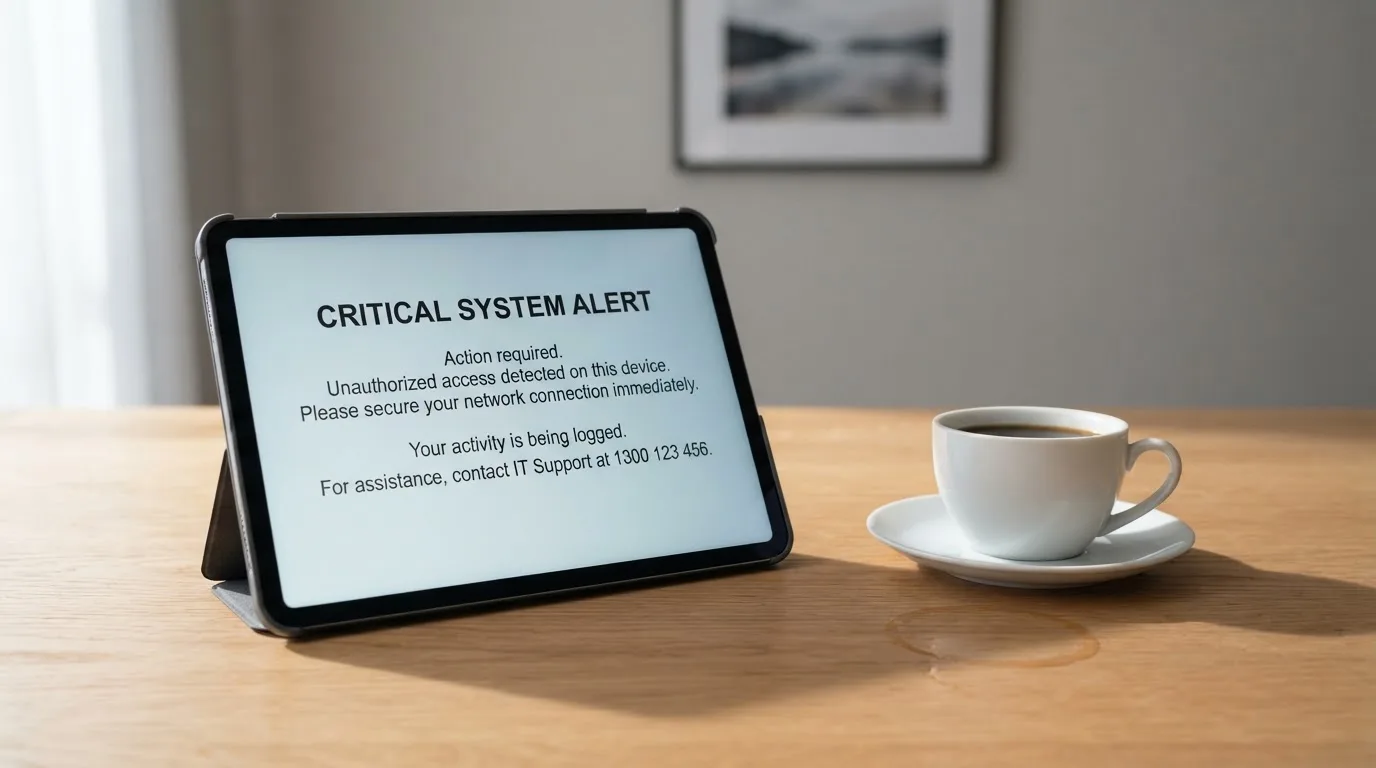 A tablet screen displaying an official regulator warning notice on a desk beside a coffee cup.