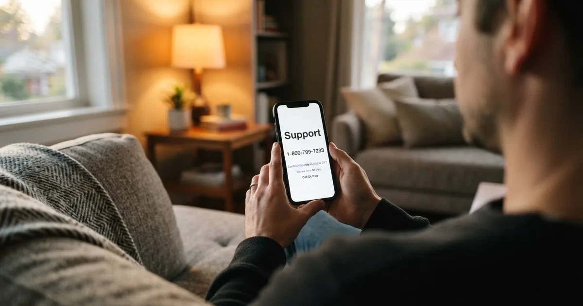 A person looking at a support helpline page on a phone while sitting on a couch.