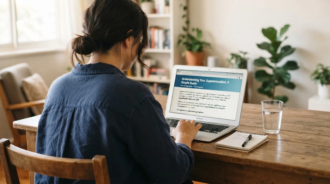 A person at a laptop reading a plain-language explainer article at a home desk.