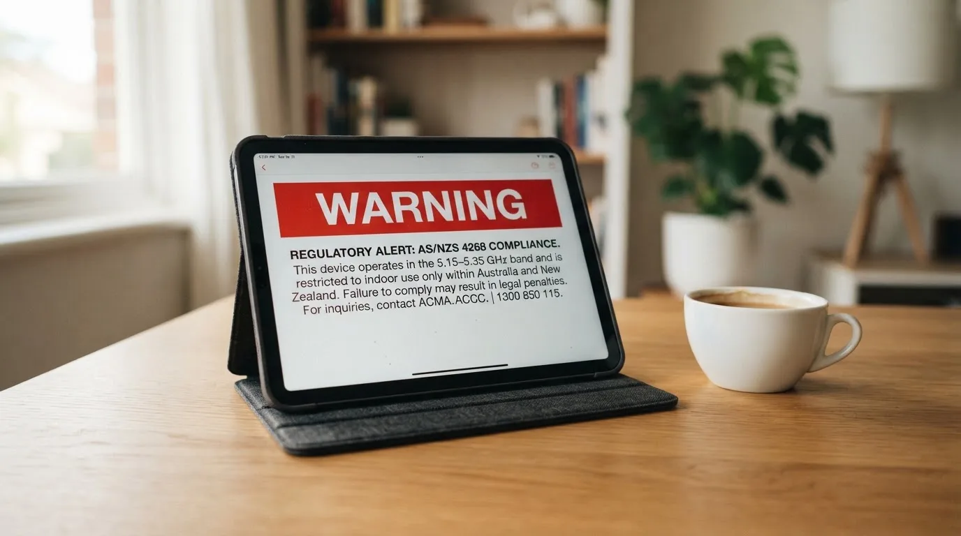 A tablet screen displaying an official regulator warning notice on a desk beside a coffee cup.