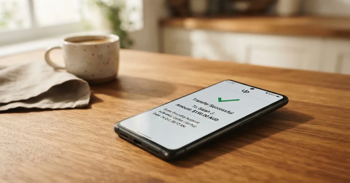 A close-up of a banking app on a smartphone showing a same-day transfer confirmation on a kitchen table.