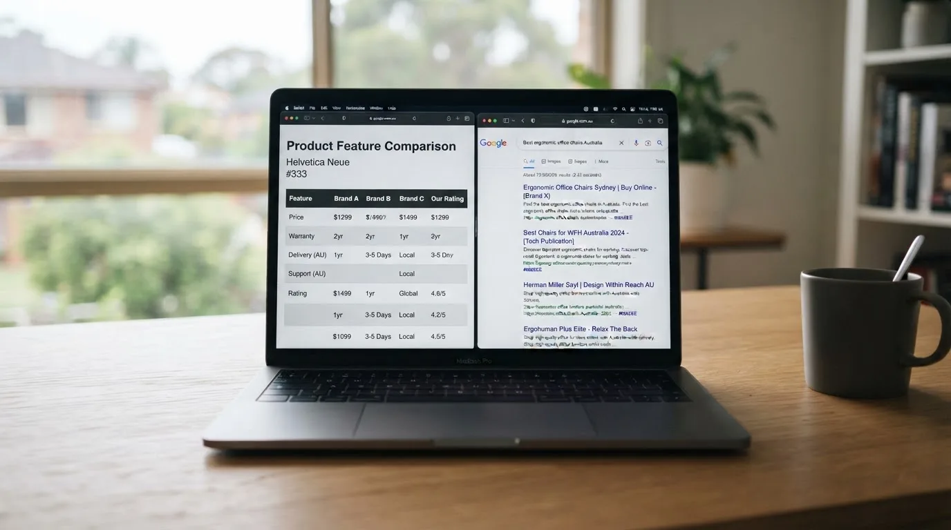 A laptop screen split between two browser tabs, one showing a comparison table and the other a search results page.