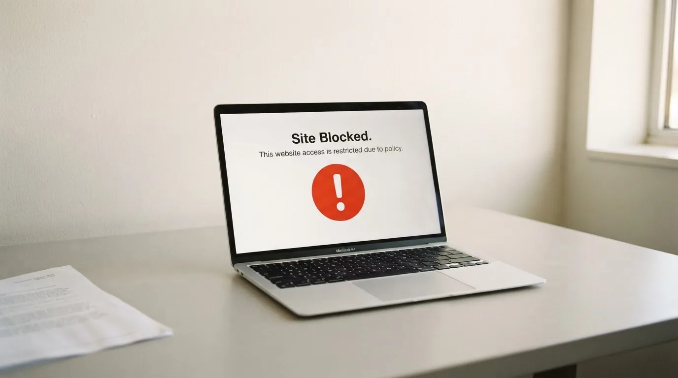 A printed government warning notice on a desk beside a laptop with a red alert icon on the screen.