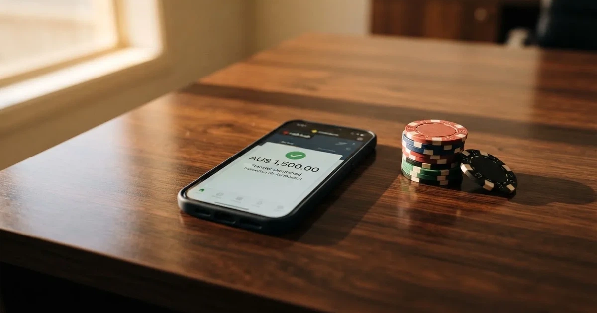 A phone displaying a bank transfer confirmation screen next to a stack of Australian dollar notes.