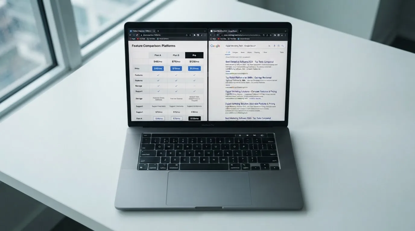 A laptop screen split between two browser tabs, one showing a comparison table and the other a search results page.