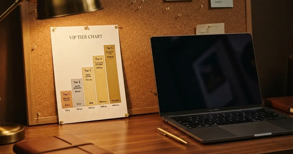 A gold-coloured tier chart pinned to a corkboard next to a laptop keyboard.