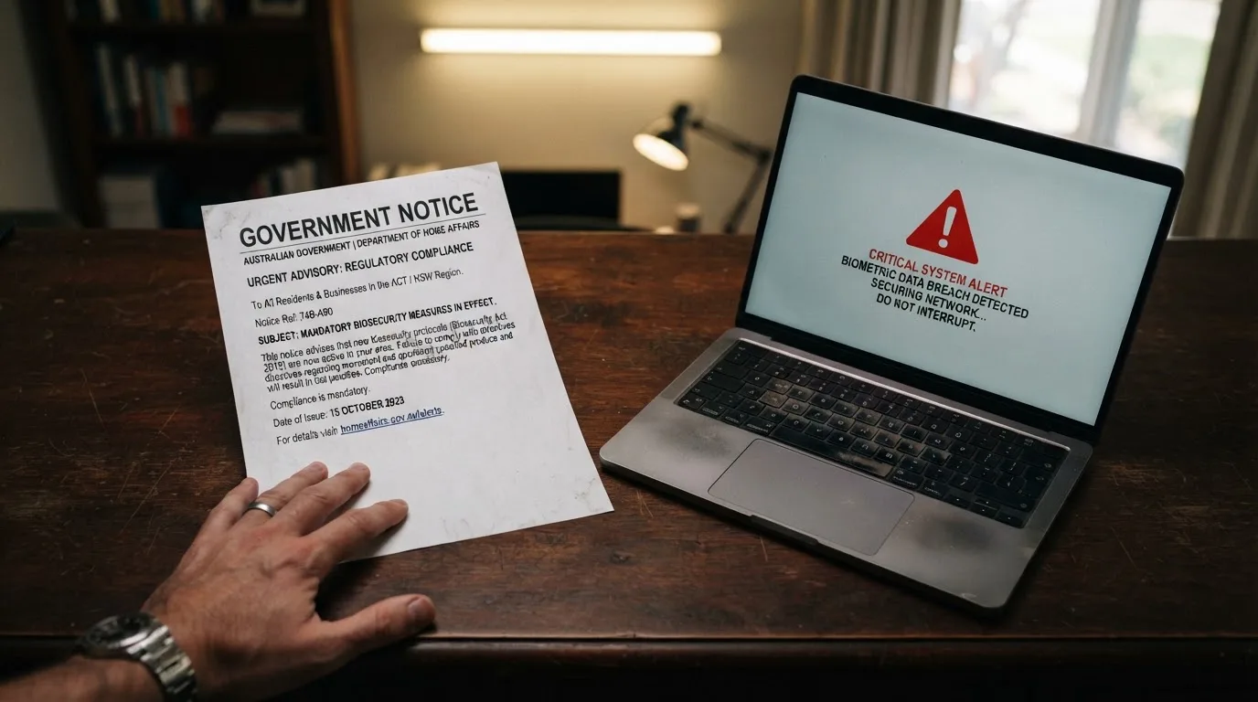 A printed government warning notice on a desk beside a laptop with a red alert icon on the screen.