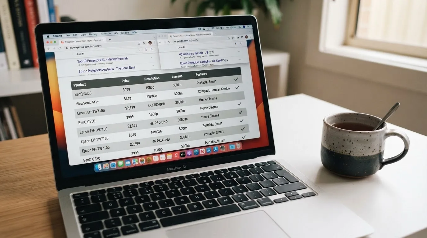 A laptop screen split between two browser tabs, one showing a comparison table and the other a search results page.