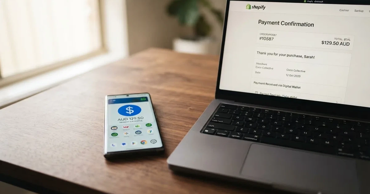 A smartphone screen showing a digital wallet balance next to a laptop cashier page.