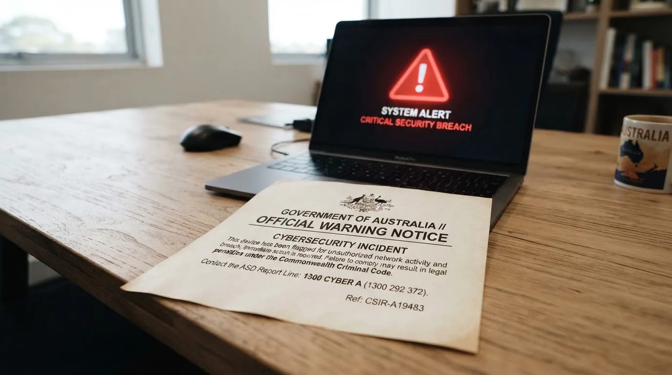 A printed government warning notice on a desk beside a laptop with a red alert icon on the screen.