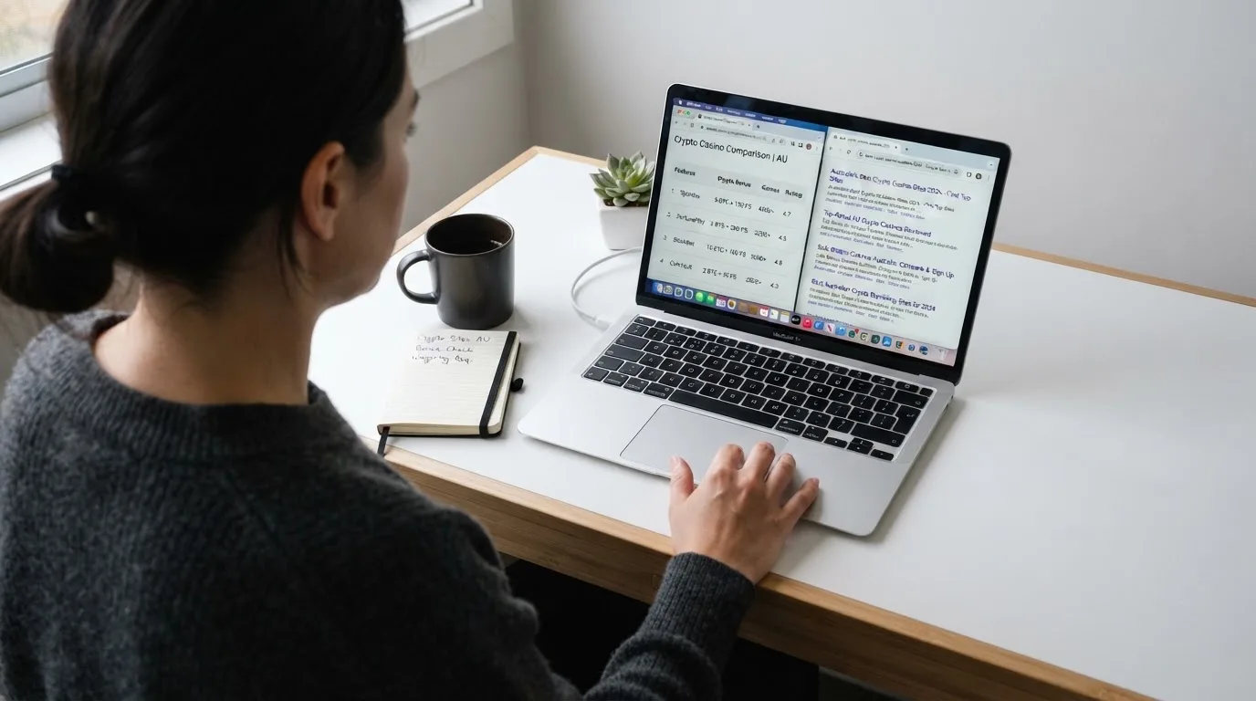 A laptop screen split between two browser tabs, one showing a comparison table and the other a search results page.