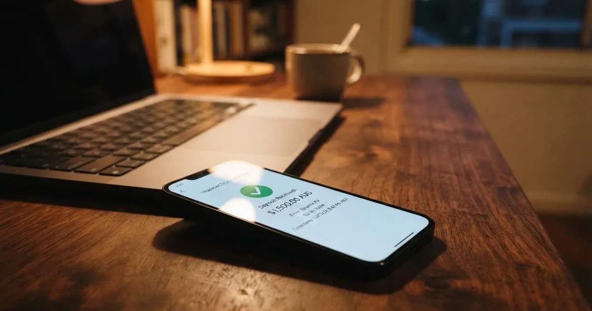 A phone displaying a blockchain transaction confirmation screen next to a laptop keyboard.