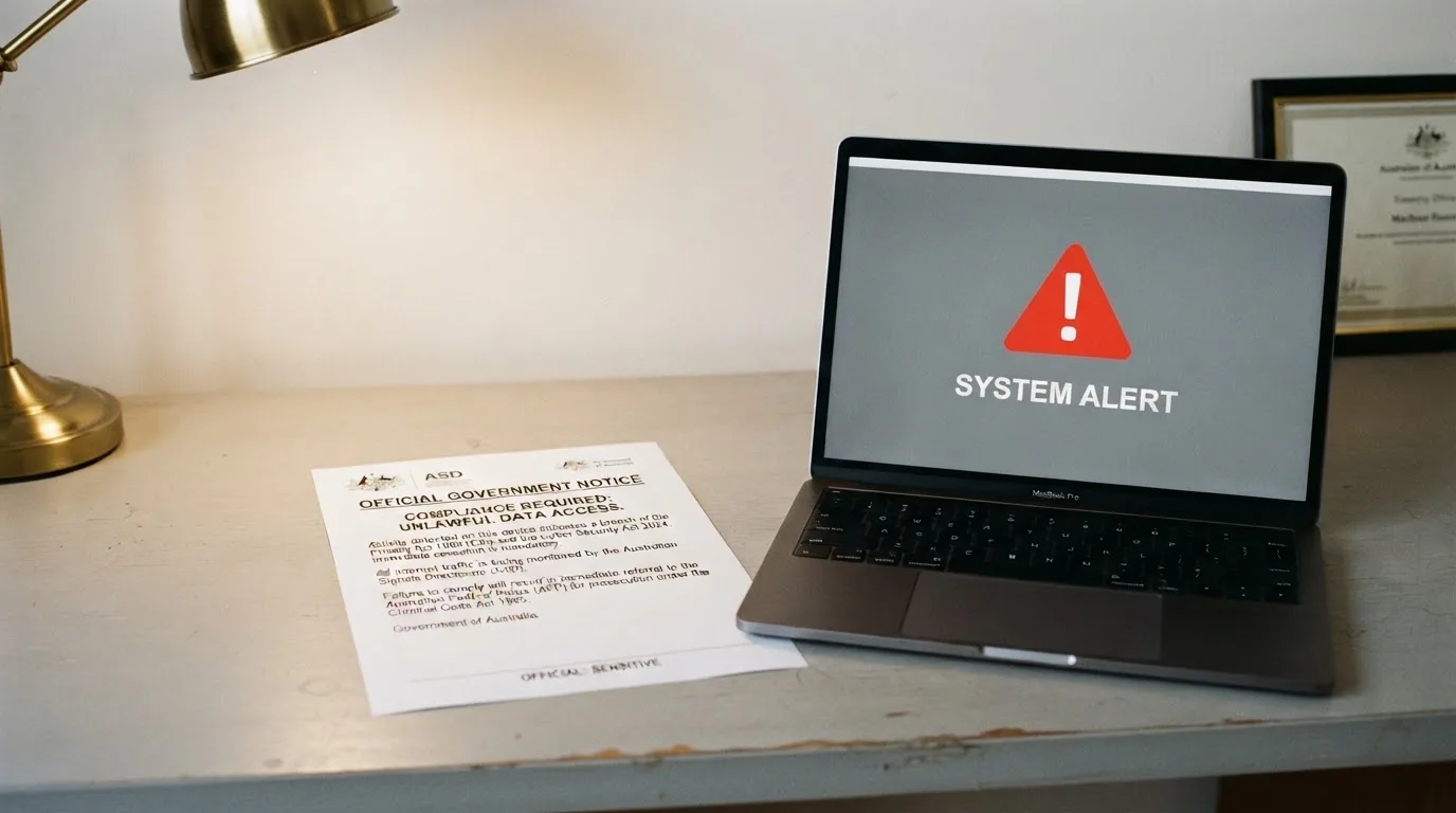A printed government warning notice on a desk beside a laptop with a red alert icon on the screen.