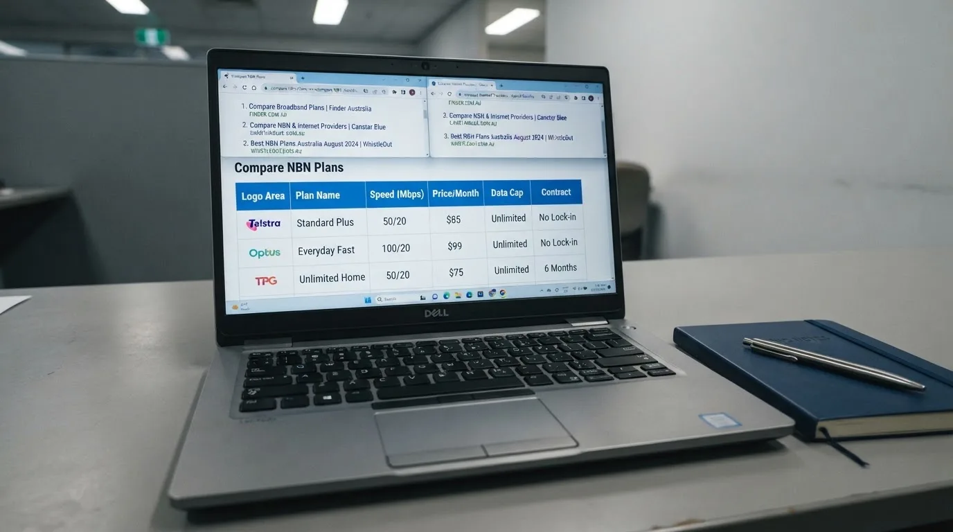 A laptop screen split between two browser tabs, one showing a comparison table and the other a search results page.